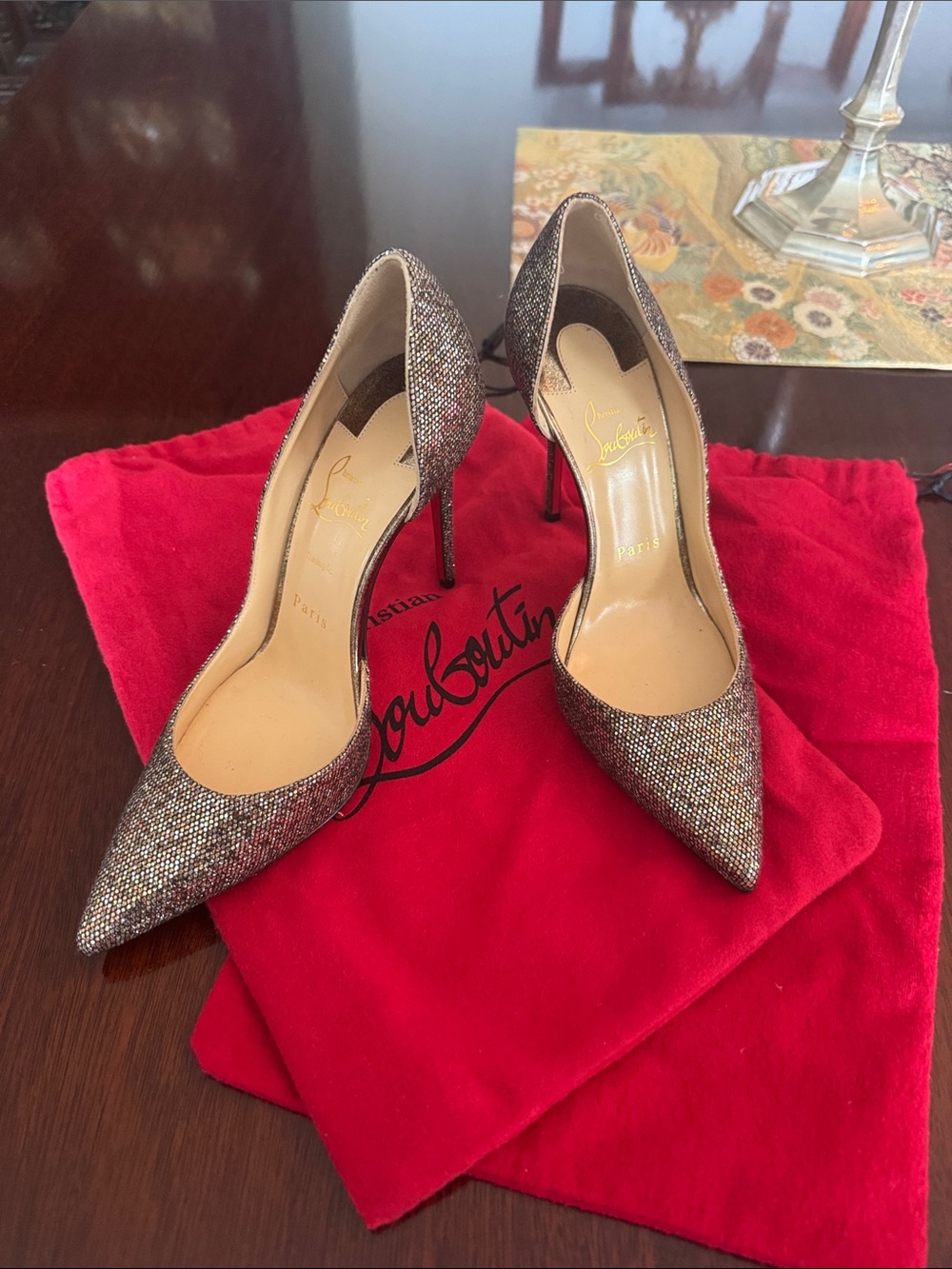Christian Louboutin Glitter Pointed Toe Pumps in Bronze-Silver Tone